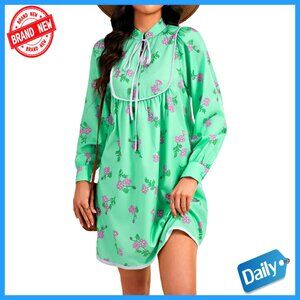 Floral Print V-Neck Patchwork Ruched A-Line Long Sleeve Mini Dress